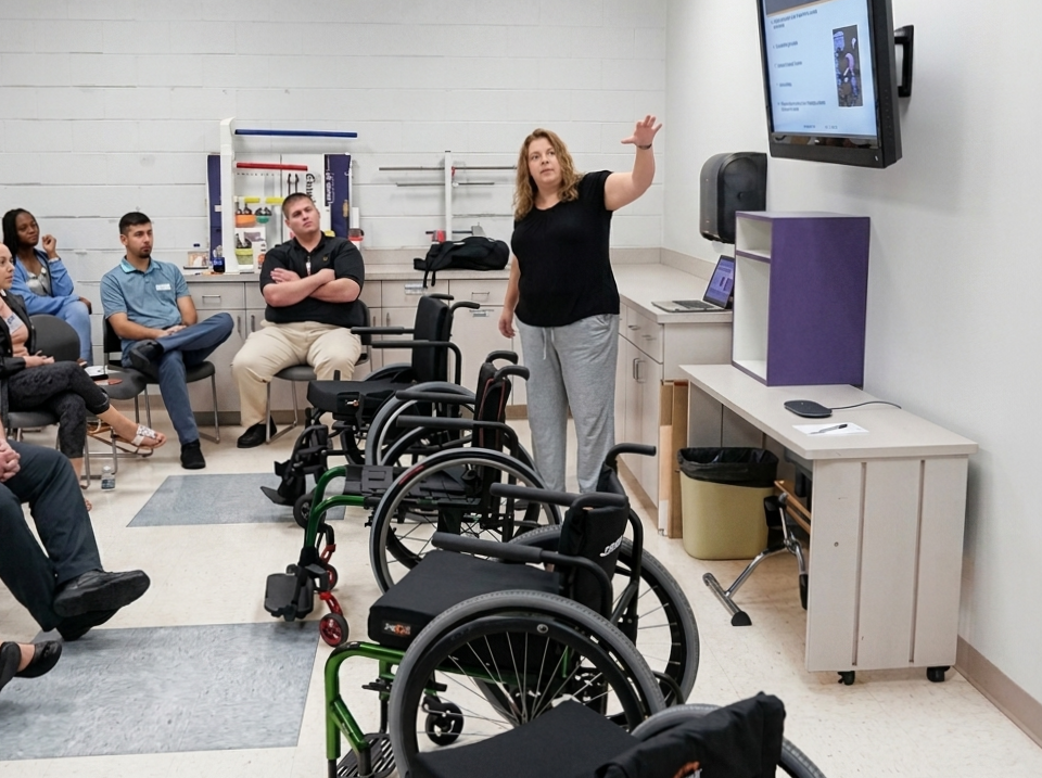 Angie leading a hands-on training session with wheelchairs